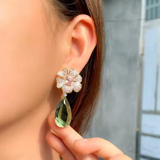 Pink Flower Big Green Water Drop Earrings