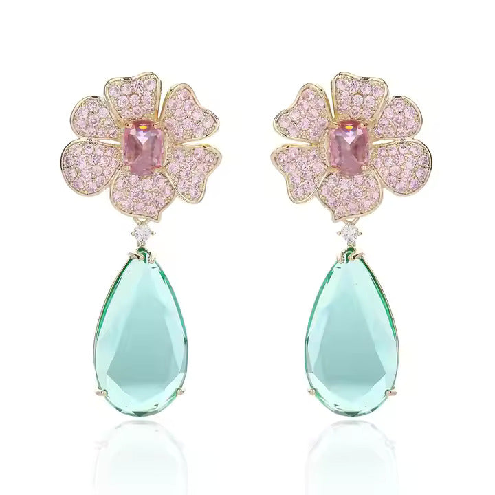 Pink Flower Big Green Water Drop Earrings