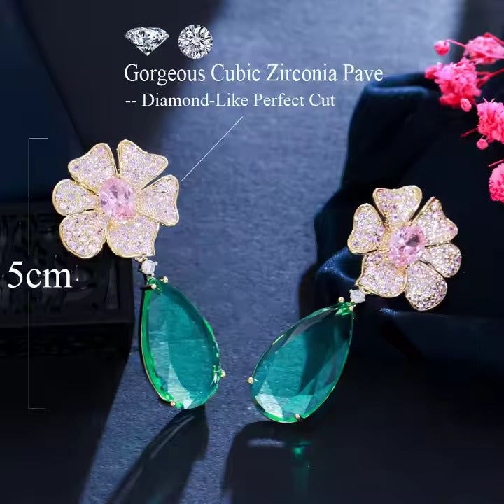 Pink Flower Big Green Water Drop Earrings