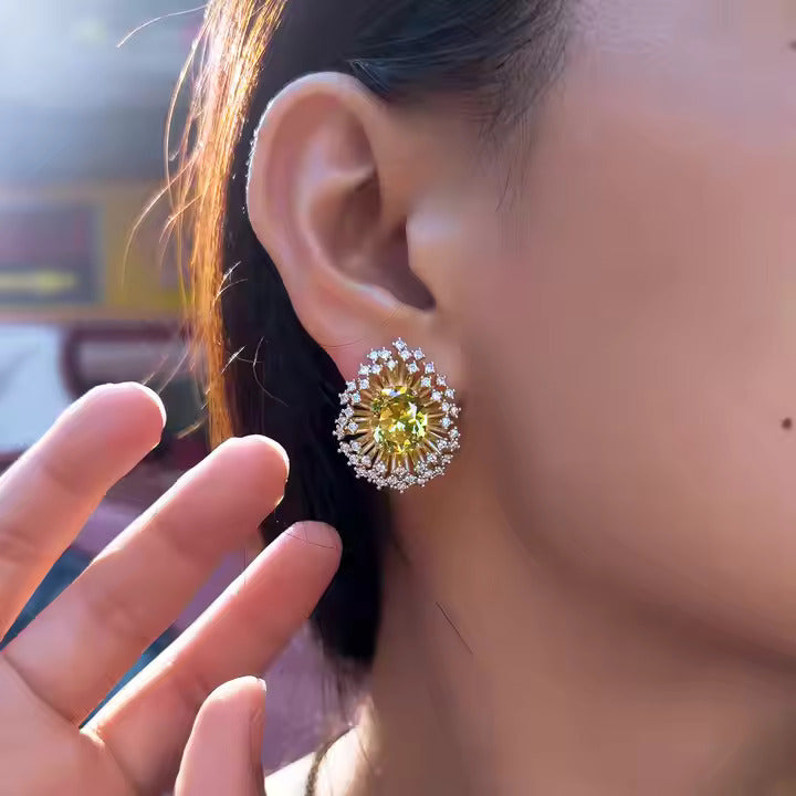 Dandelion Bloom 18K Gold Plated Stud Earrings – Green Zircon Elegance