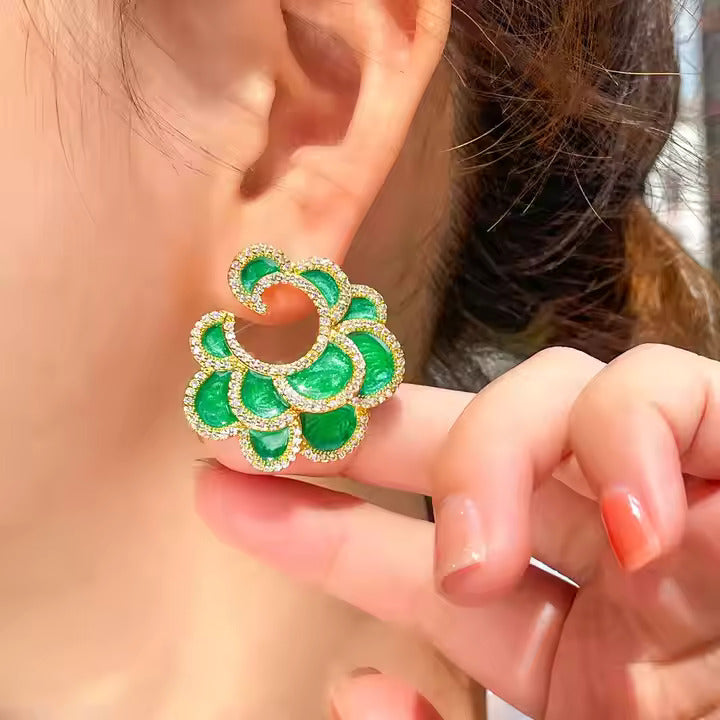 Vivid Green Enamel Multi Layers Leaf Big Symmetrical Stud Drop Earrings