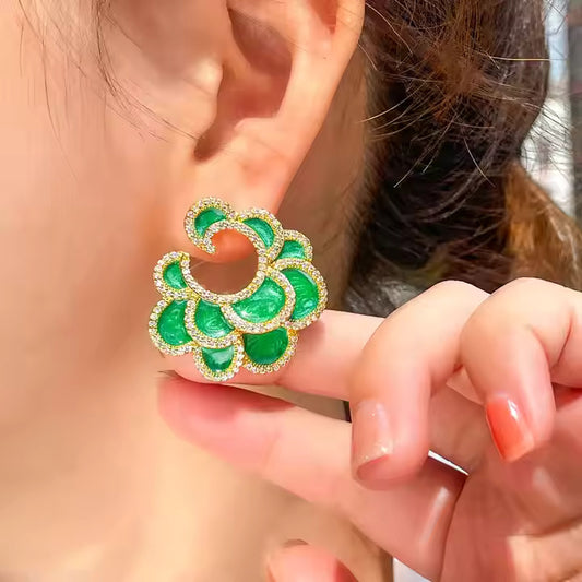 Vivid Green Enamel Multi Layers Leaf Big Symmetrical Stud Drop Earrings
