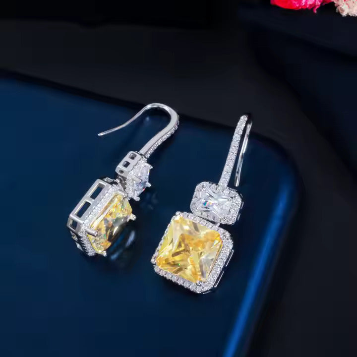 Yellow Stunning Square Cut Cubic Zircon Crystal Drop Silver Plated Hook Earrings