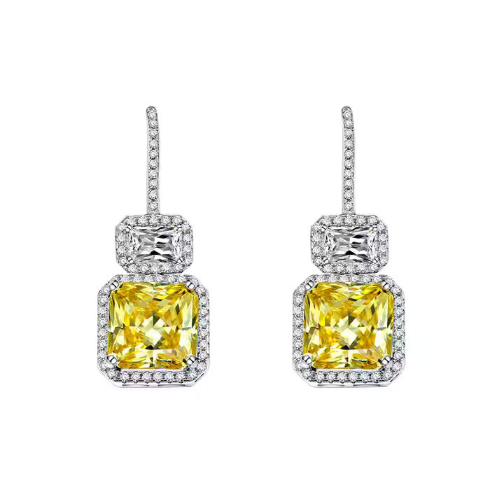 Yellow Stunning Square Cut Cubic Zircon Crystal Drop Silver Plated Hook Earrings