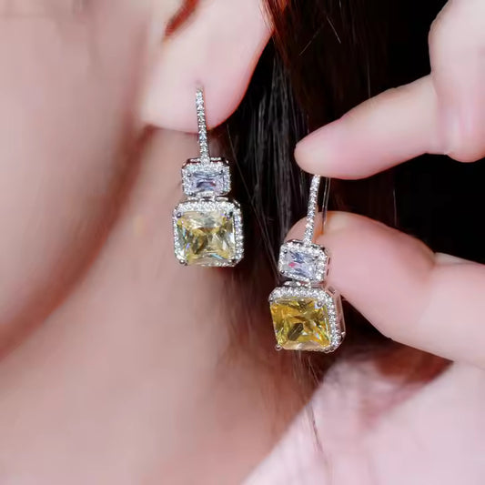 Yellow Stunning Square Cut Cubic Zircon Crystal Drop Silver Plated Hook Earrings