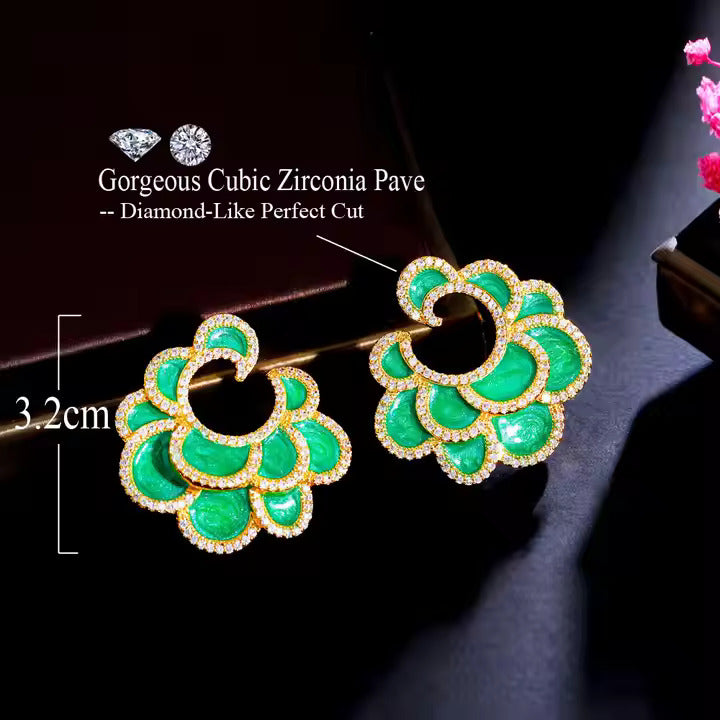 Vivid Green Enamel Multi Layers Leaf Big Symmetrical Stud Drop Earrings