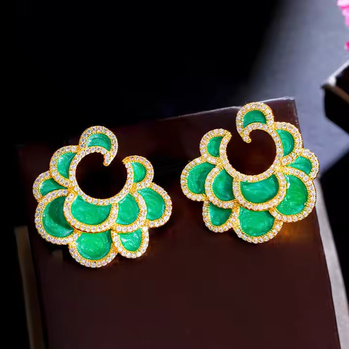 Vivid Green Enamel Multi Layers Leaf Big Symmetrical Stud Drop Earrings