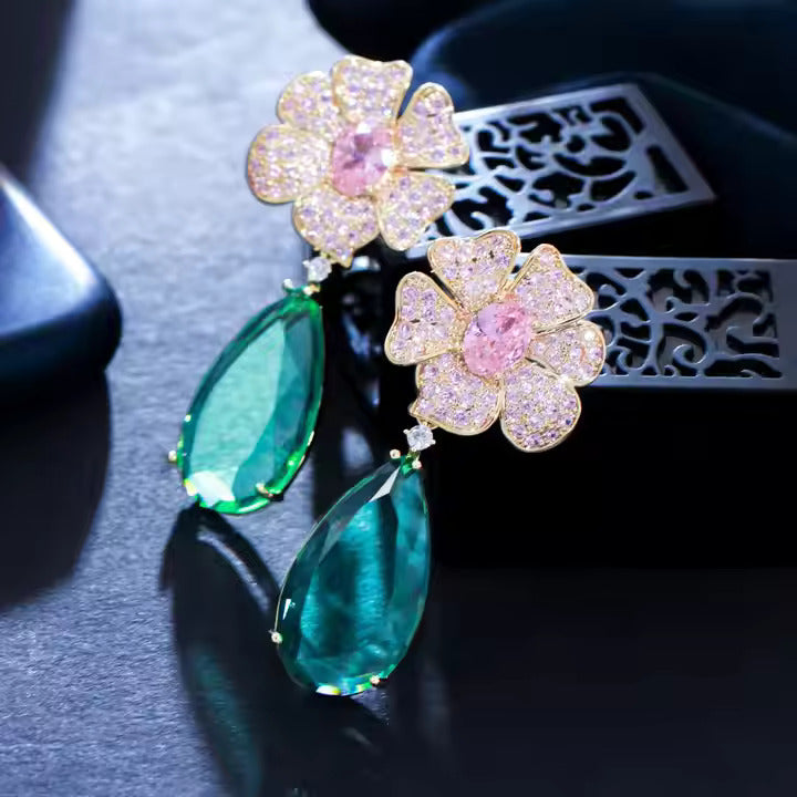 Pink Flower Big Green Water Drop Earrings