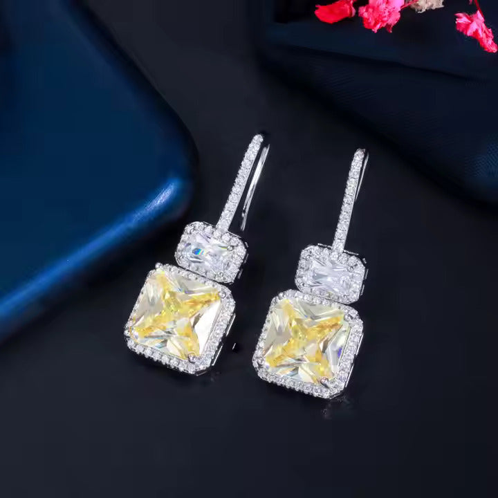 Yellow Stunning Square Cut Cubic Zircon Crystal Drop Silver Plated Hook Earrings